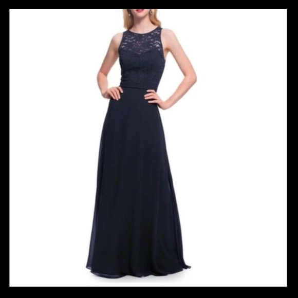 Levkoff Slate Lace Bodice Chiffon A-Line Gown 6 - Picture 2 of 6